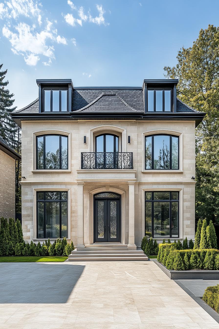 Three-story neoclassical house with large windows and manicured garden