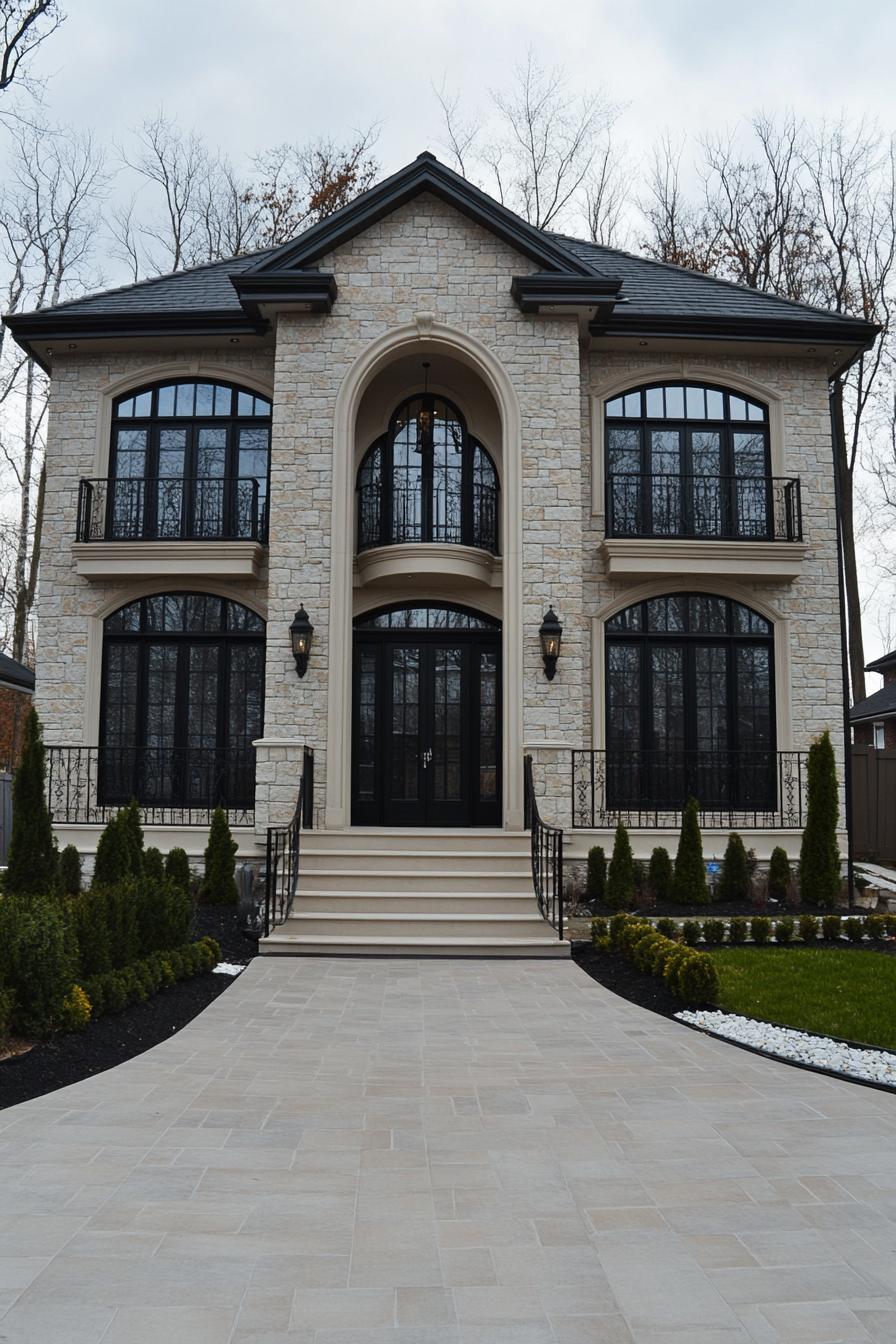 Modern neoclassical house with stone facade and arched windows