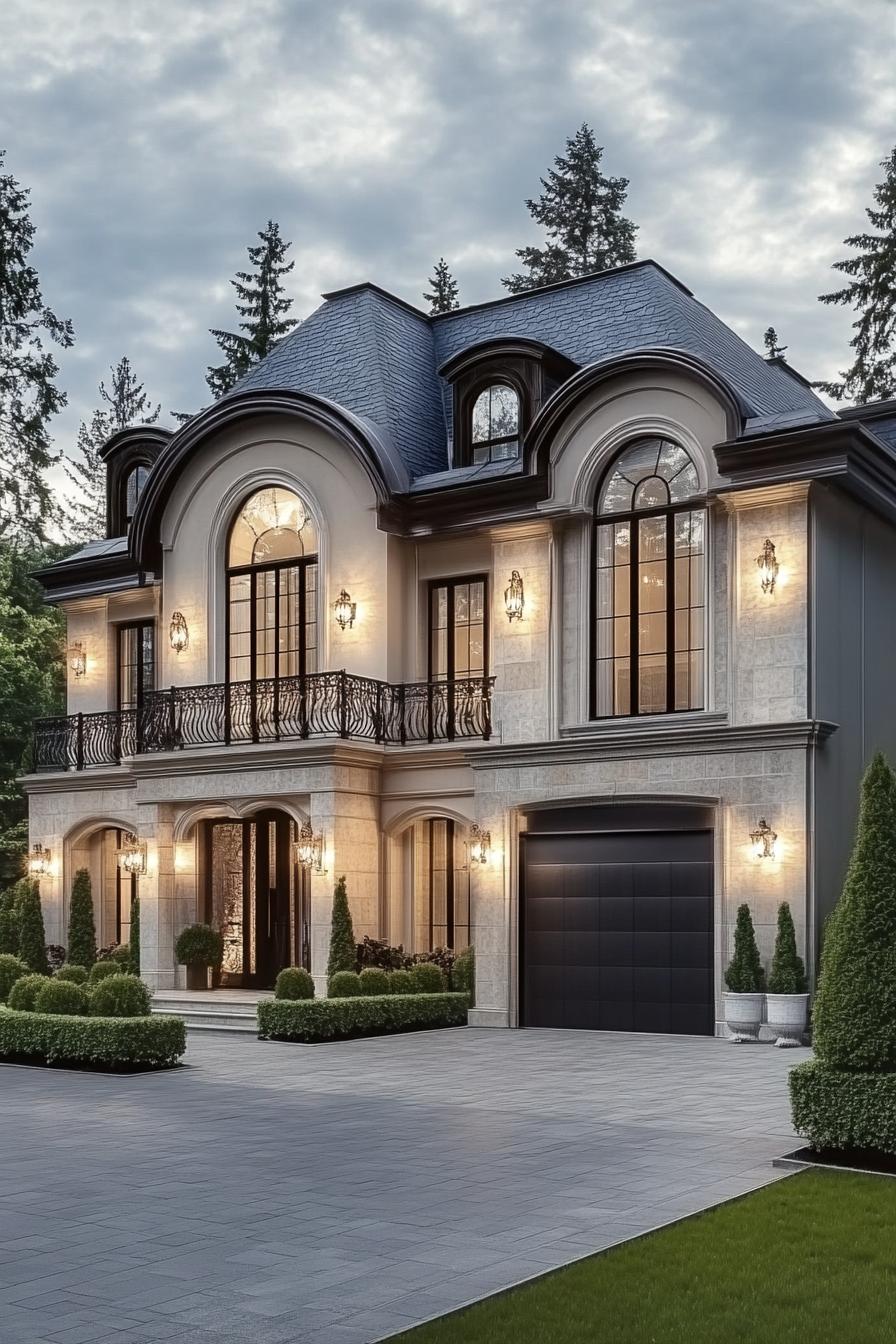 Grand house with elegant arches and glowing lights at dusk