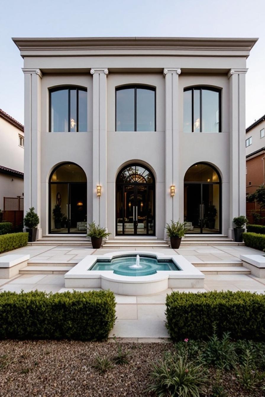 Sophisticated neoclassical home with a fountain in the foreground