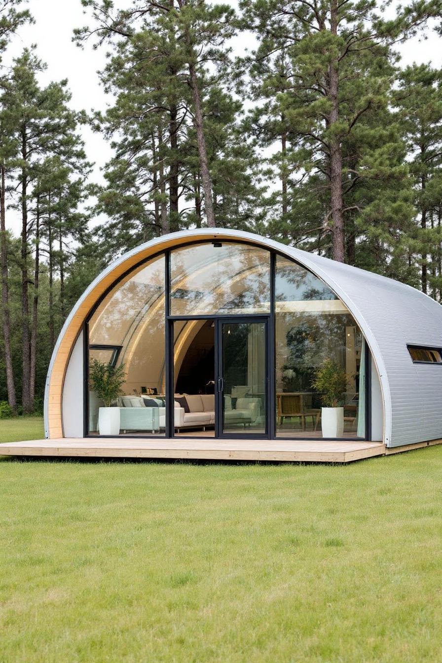 Modern Quonset hut nestled among trees with glass front