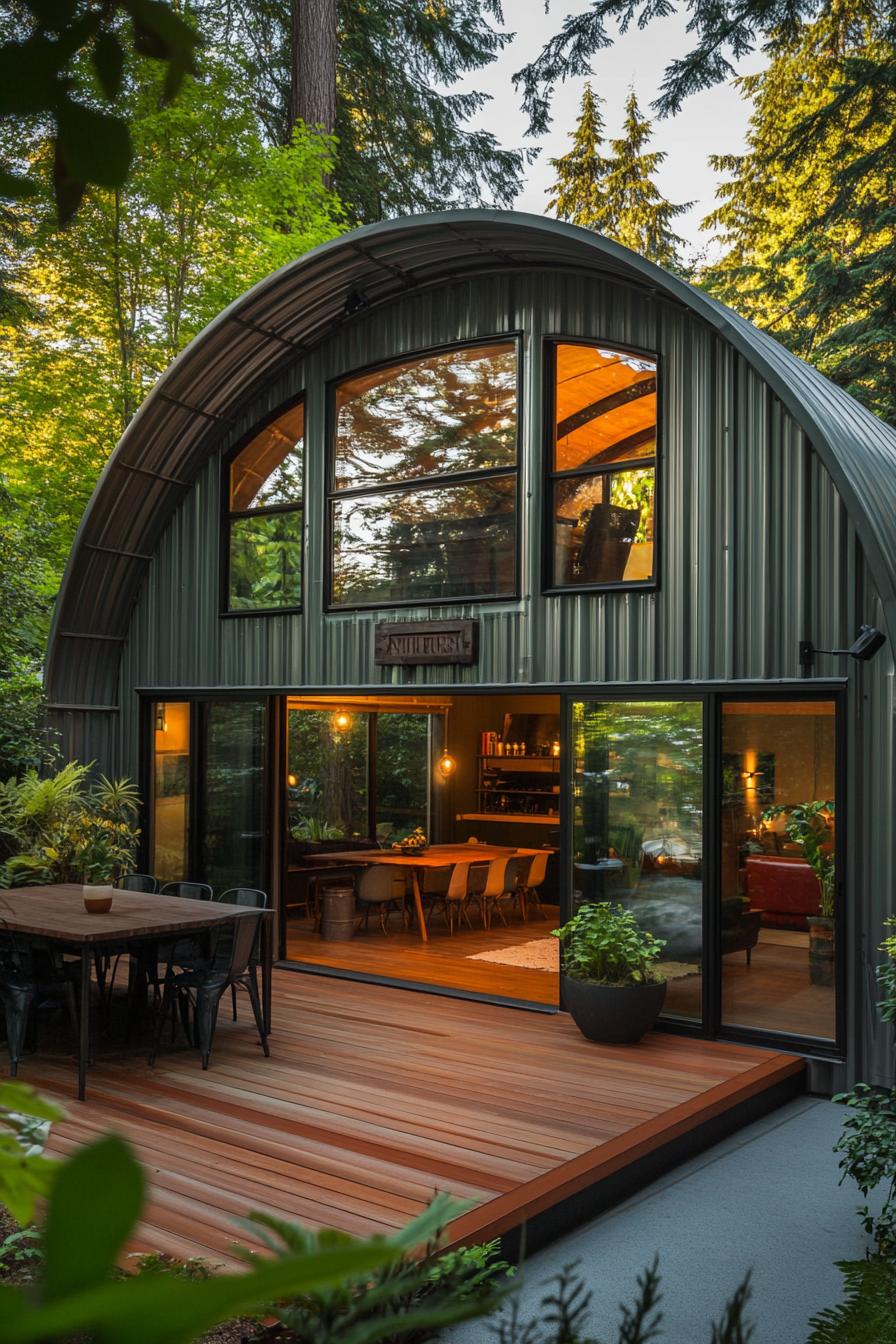 Quonset hut home with large windows in a lush woodland setting