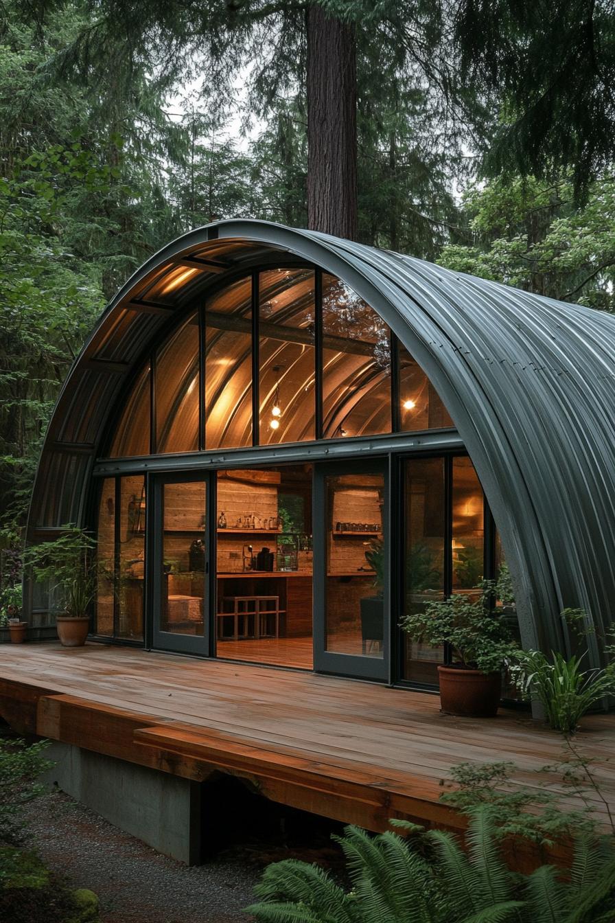 Quonset hut with glass front nestled in forest