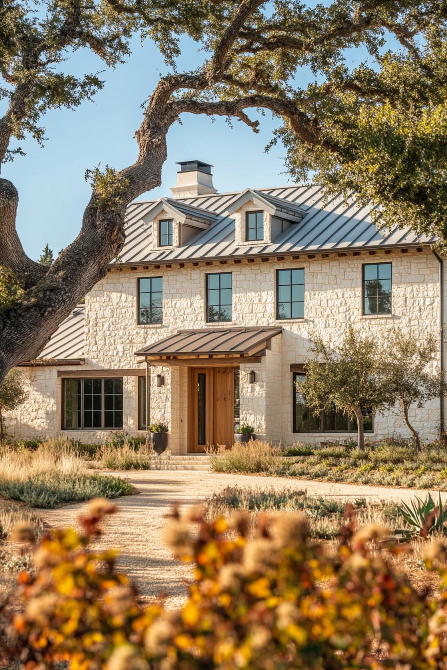 Charming farmhouse with stone facade and metal roof set under twisting trees