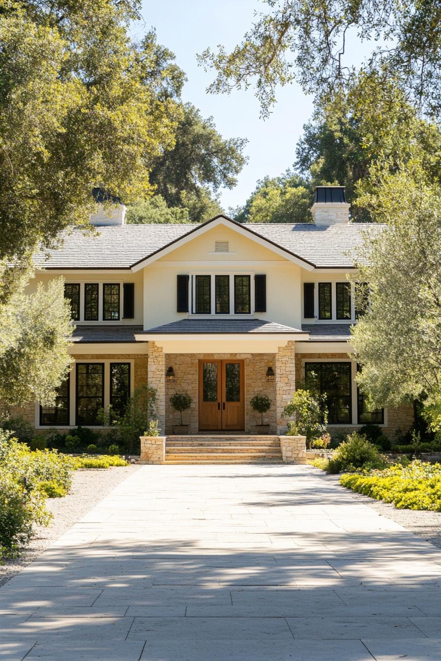 Luxury farmhouse with stone facade and lush surroundings