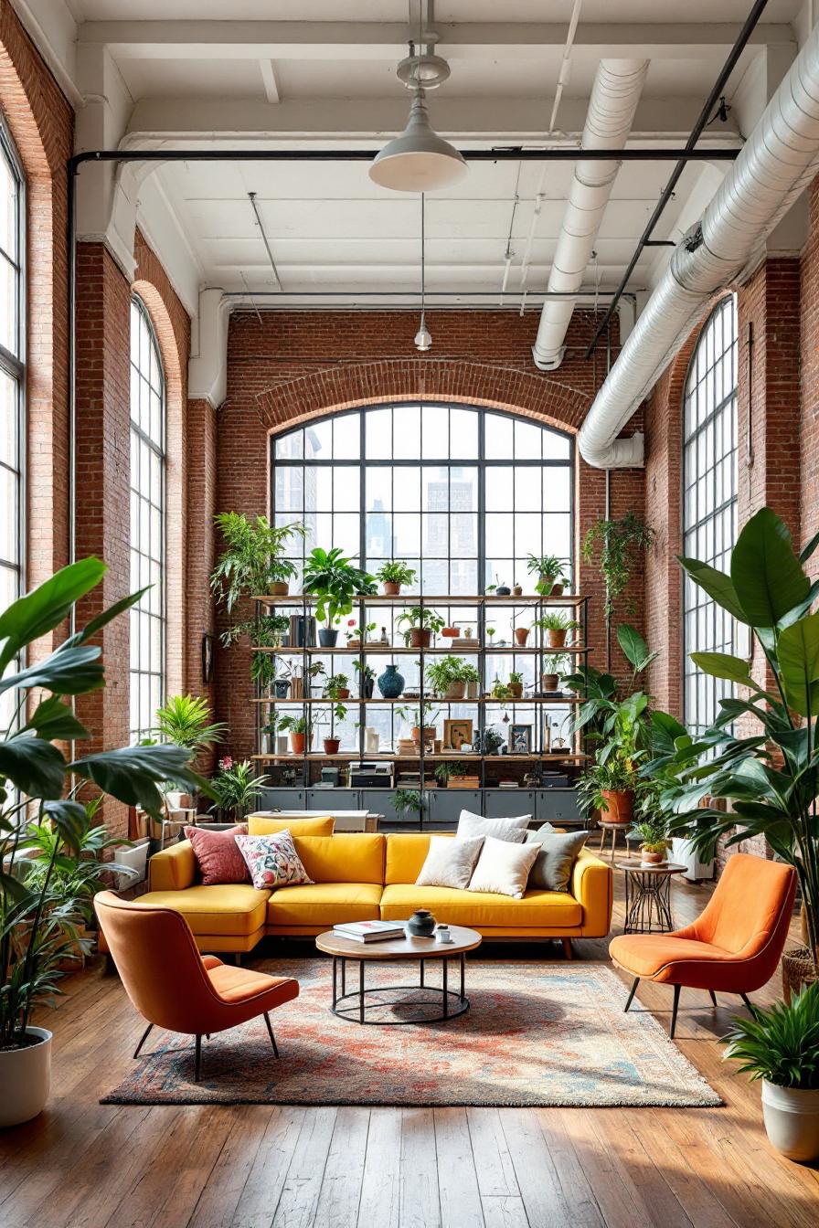 Loft apartment with large windows, brick walls, and abundant plants