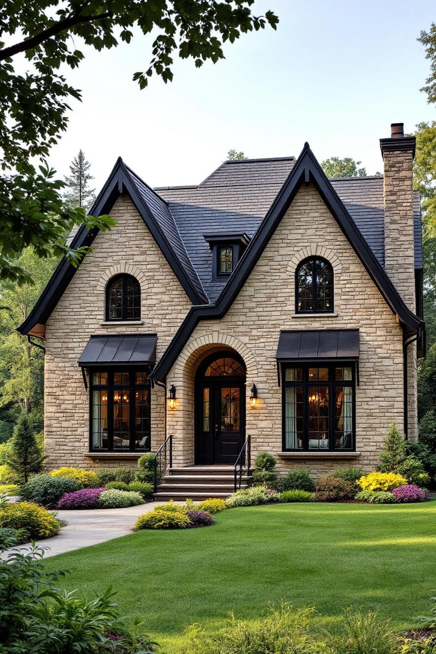 Cozy stone house with gabled roof amid lush garden