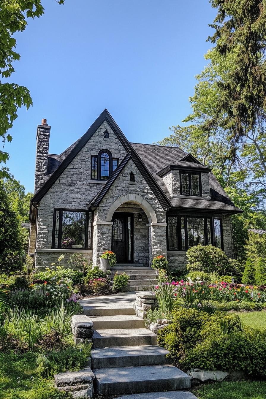 Charming stone house with a gabled roof and lush garden