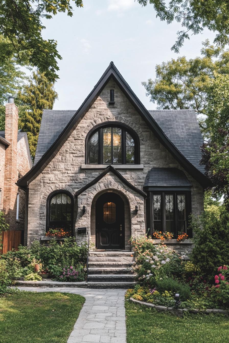 Quaint stone house with steep roof and arched windows