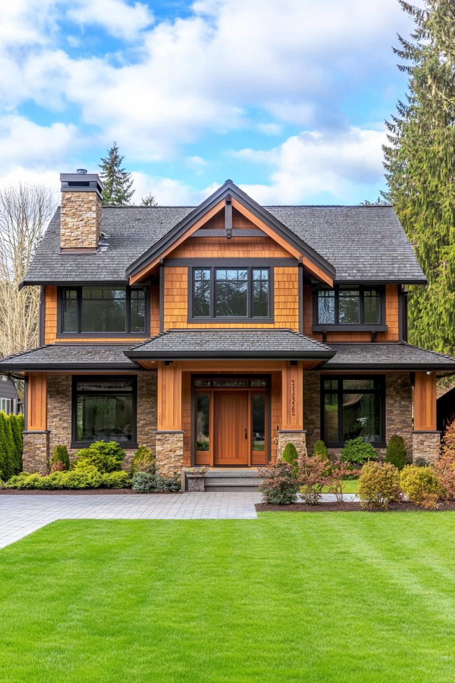 Modern craftsman home with a gable roof and vibrant green lawn