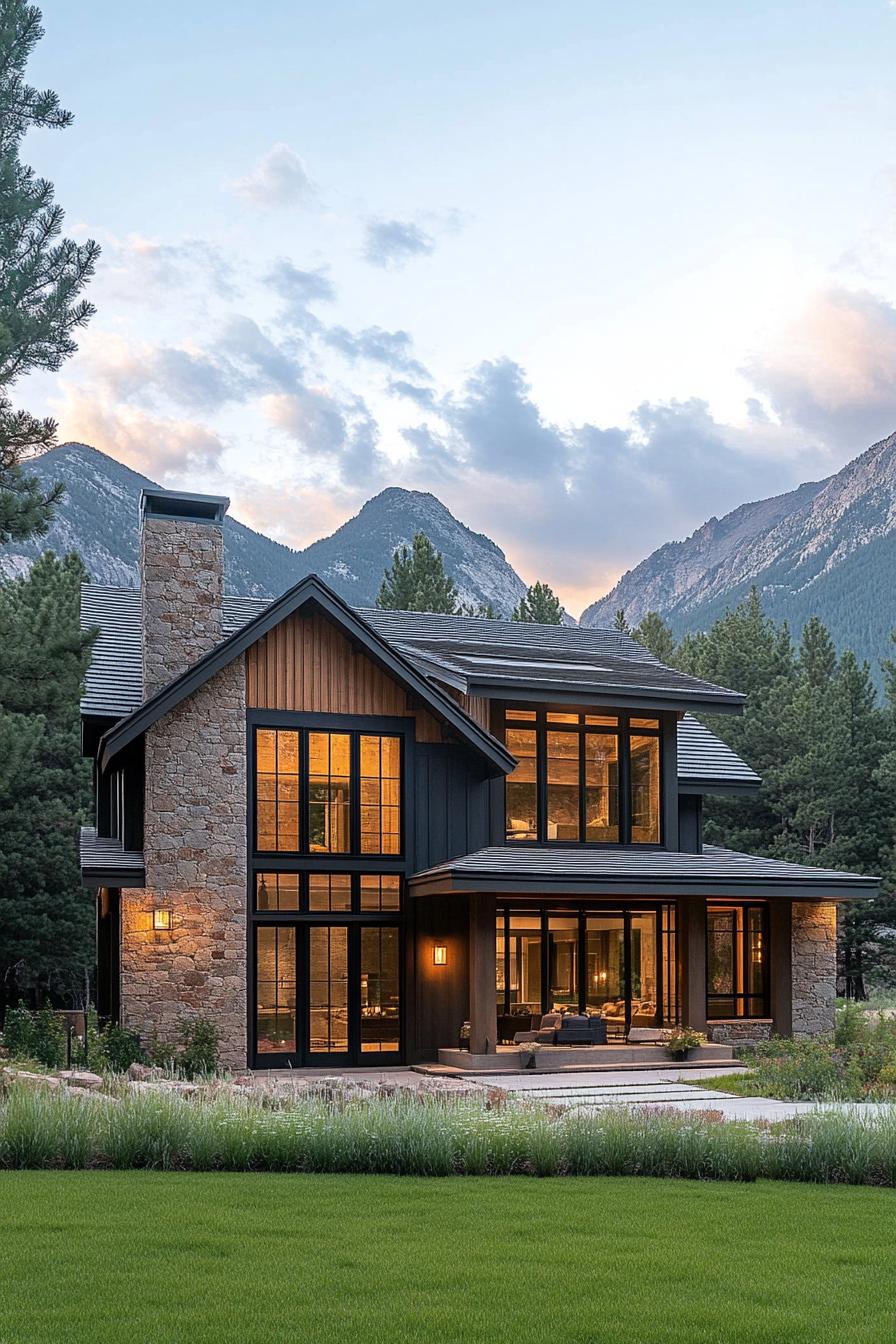 Modern craftsman house with stone and glass facade nestled by a mountain