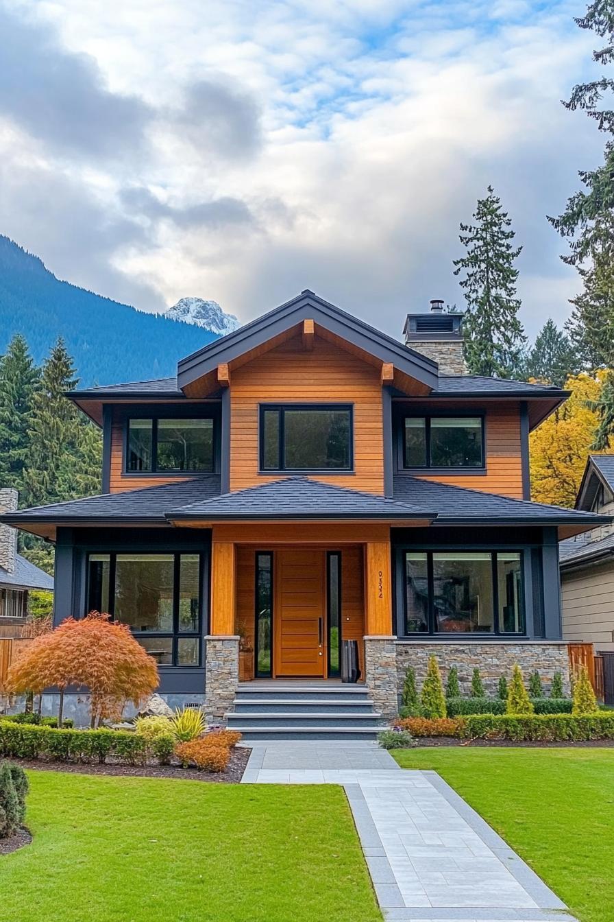 Chic craftsman house with wooden accents and a stunning mountain backdrop