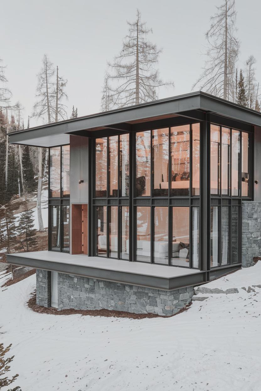 Glass-walled cabin with stone base in snowy forest