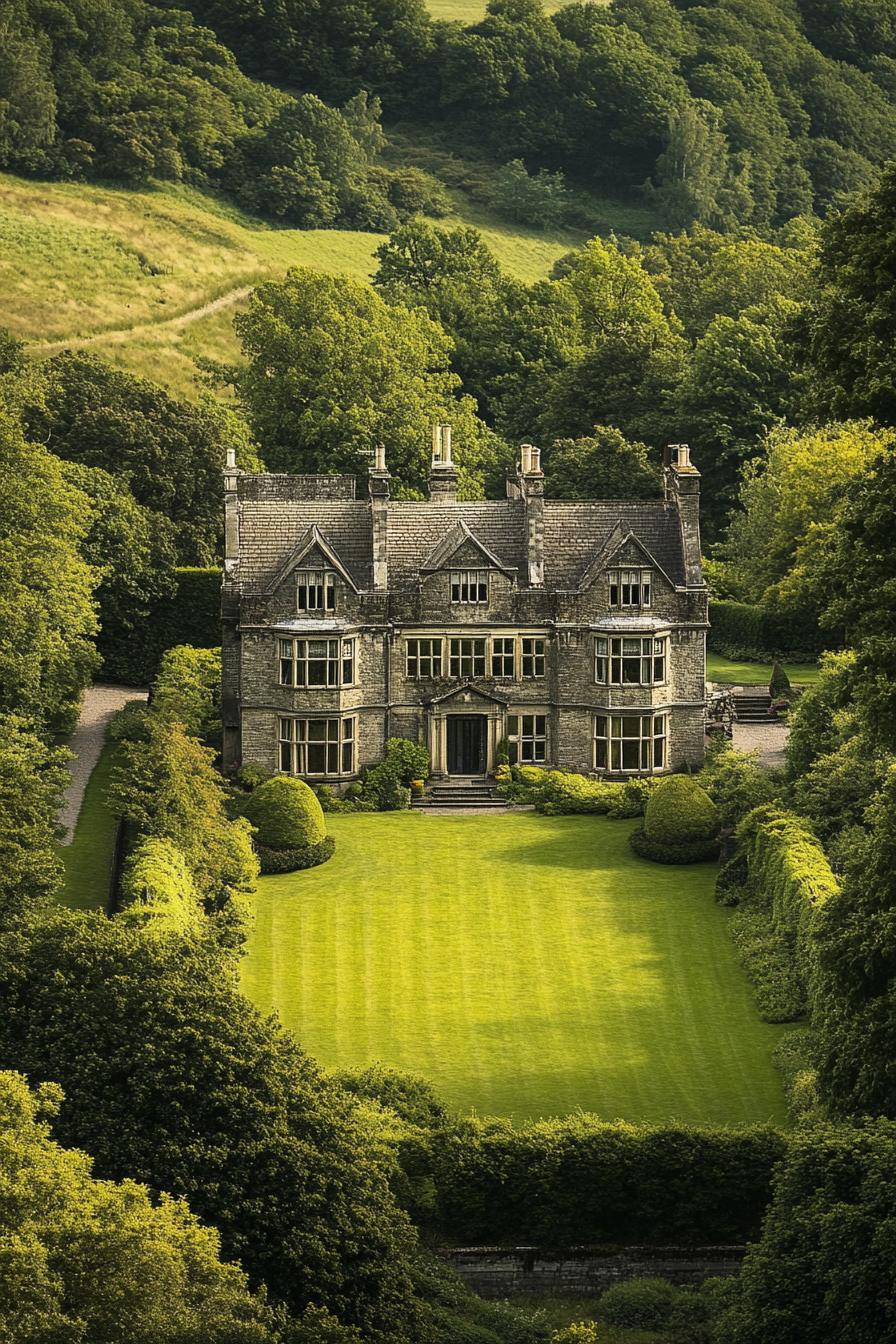 Grand stone manor surrounded by lush greenery