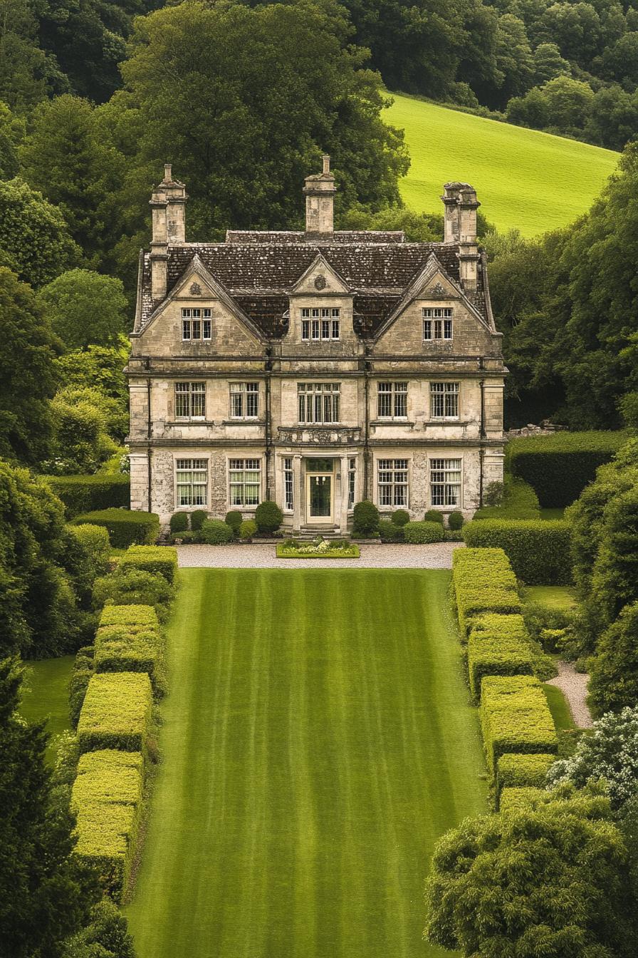 aerial view of a A British country house symmetrical two story facade constructed from stone steeply pitched slate roofing large multi pane bay 2