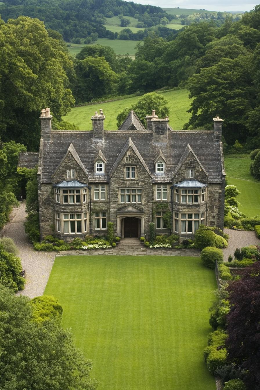 Elegant stone mansion with expansive green lawn