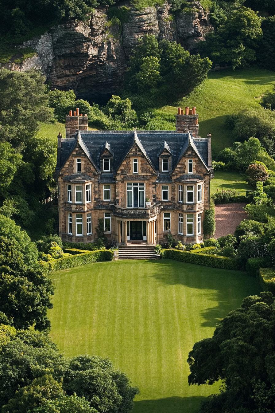 Grand house surrounded by lush lawn and trees