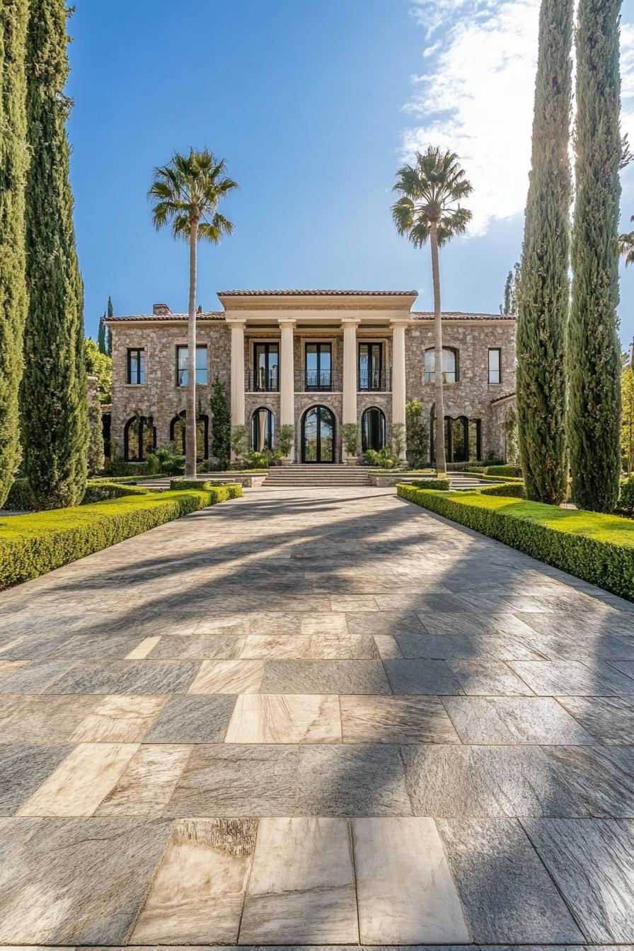 Grand mansion with towering columns and lush greenery