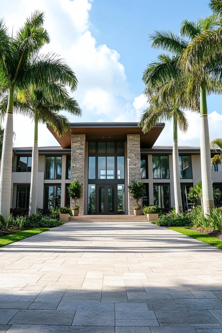 Modern concrete mansion framed by tall palm trees