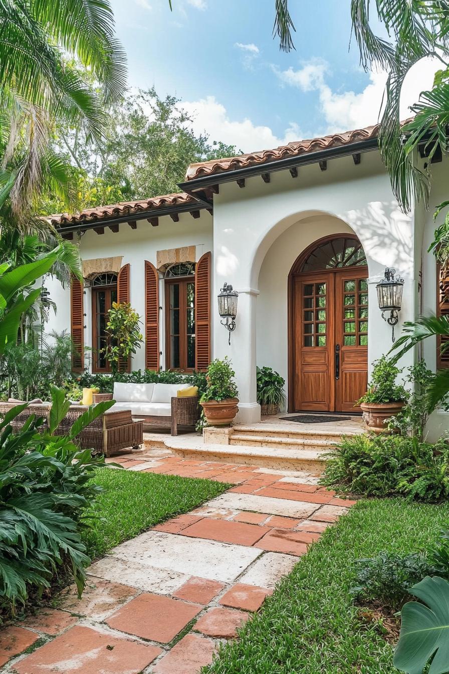 Charming Tuscan house with arched doorway, wooden shutters, and lush garden