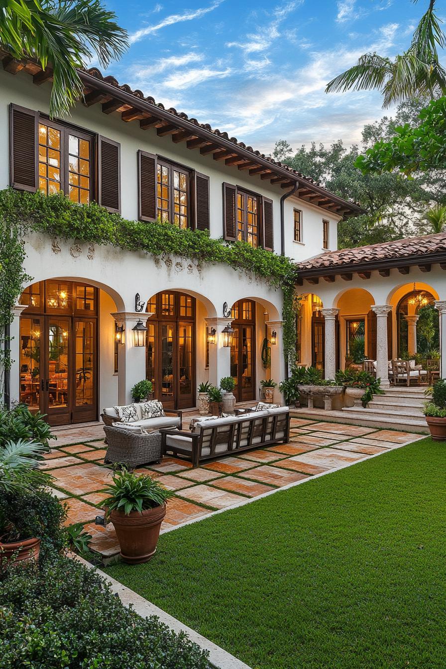 Tuscan house with arched patio and lush backyard