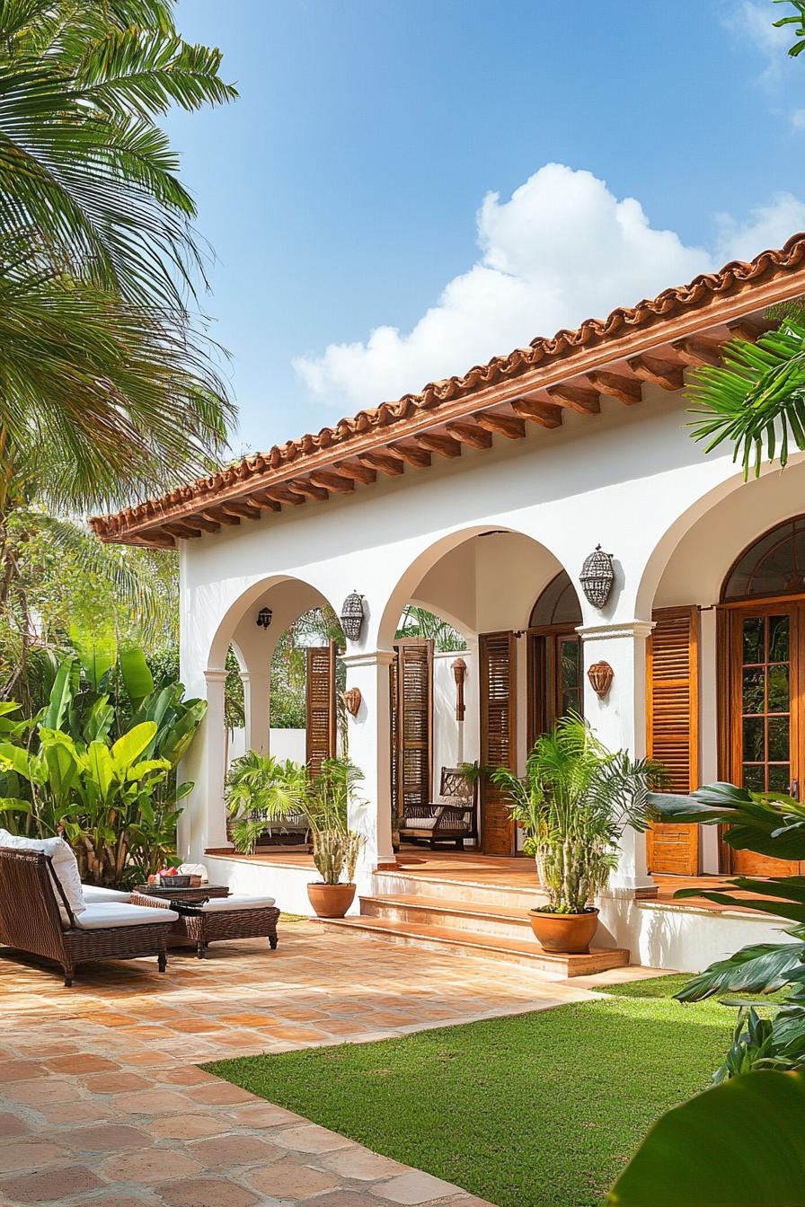 Tuscan villa with arched veranda and tropical garden