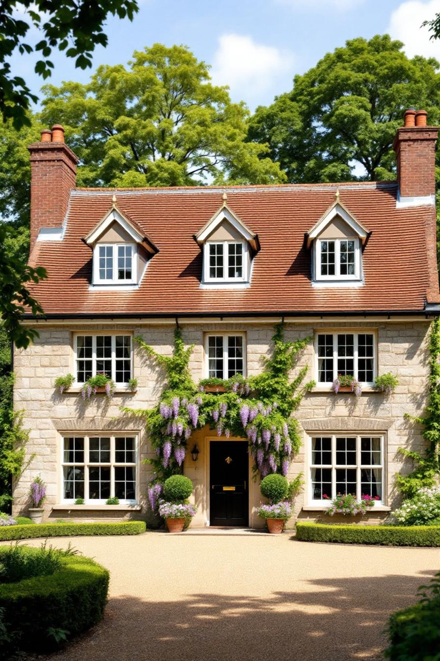 Stone cottage with wisteria framing the entrance