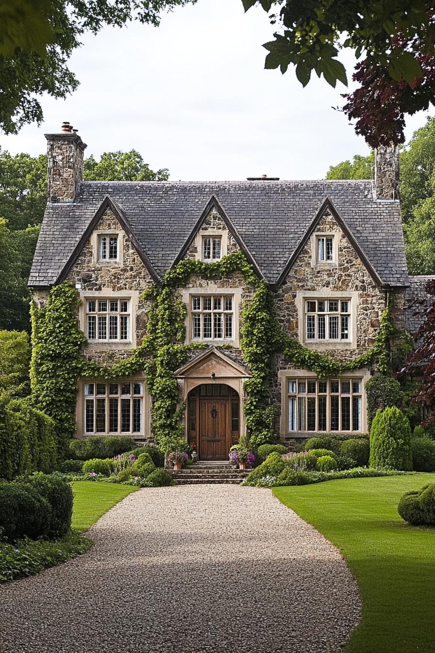 Traditional stone house adorned with ivy and slate roof