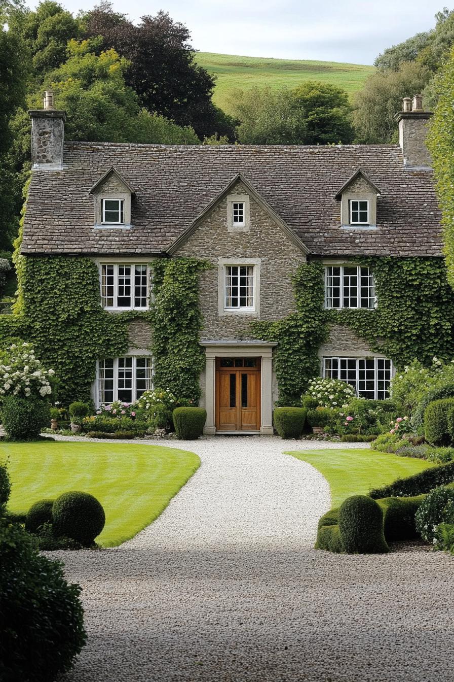 Quaint stone house with green ivy and a gravel path