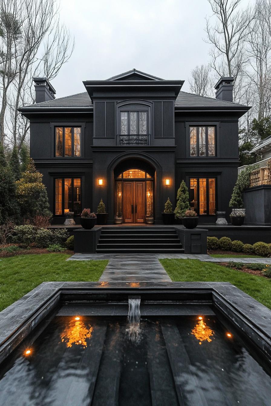 Sleek black house with a reflective water feature and warm lights