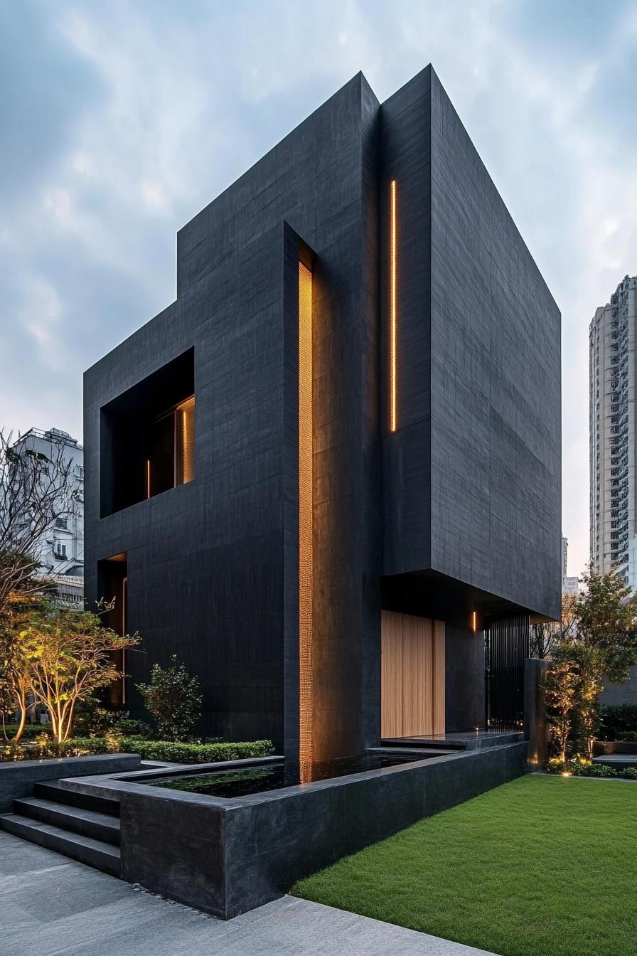 Sleek black house with glowing orange highlights