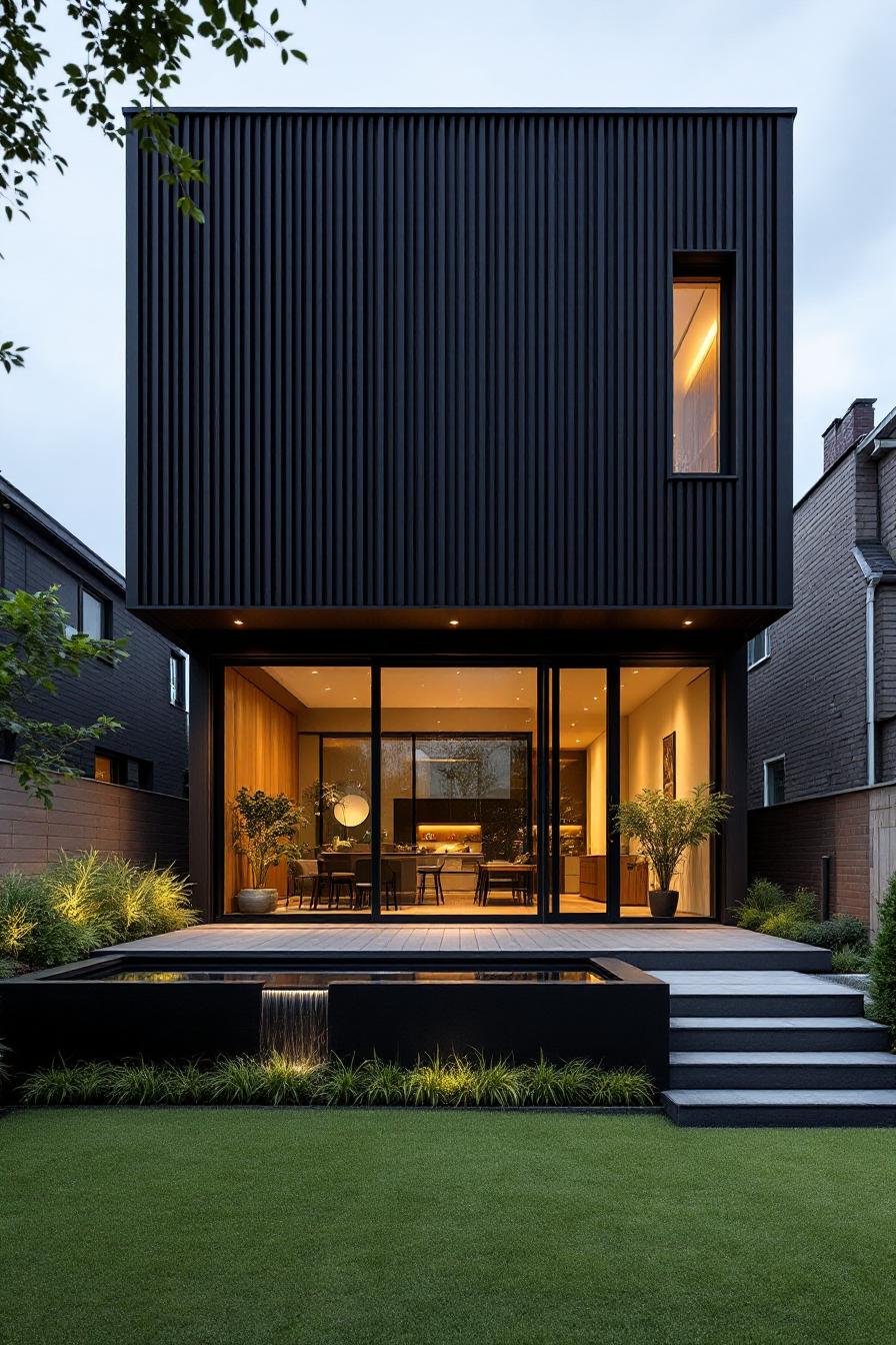 Sleek black house with large glass windows and a water feature