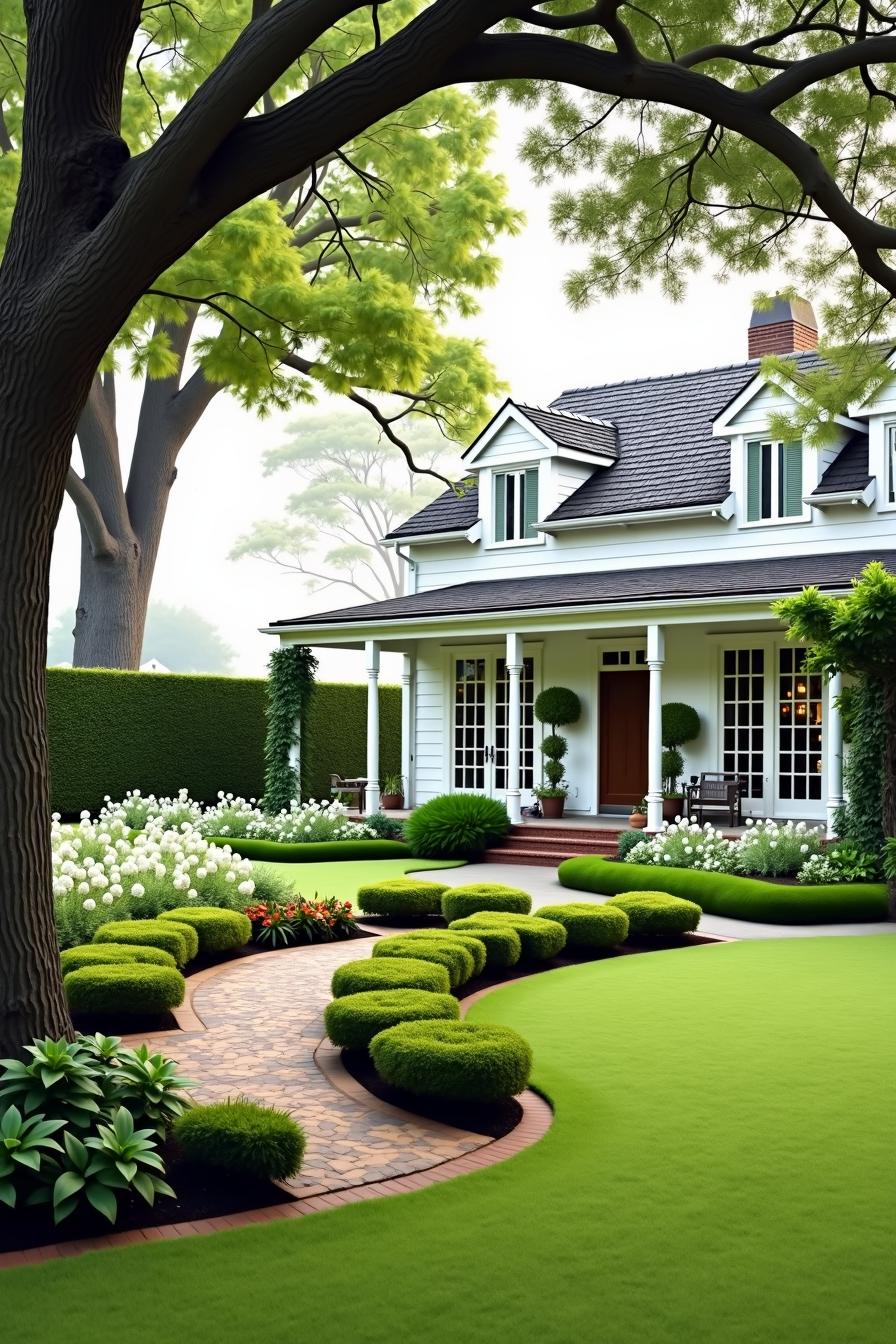 Charming white cottage with lush garden and porch