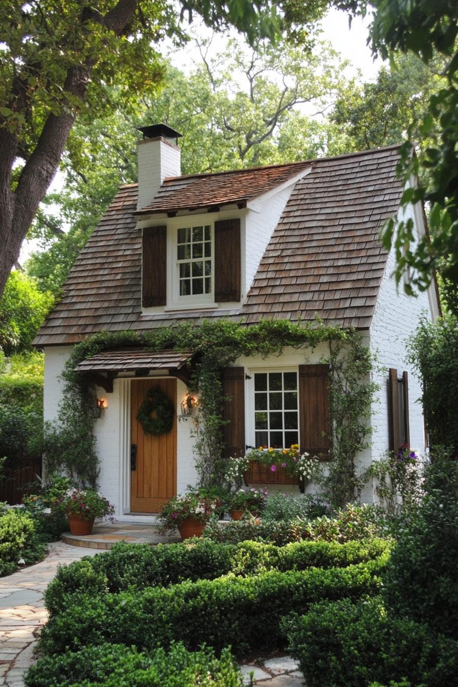 White brick cottage with wooden shutters and garden