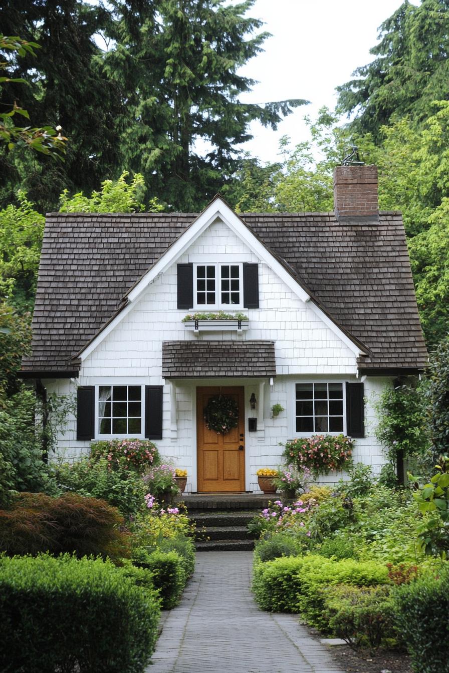 Charming white cottage surrounded by lush greenery