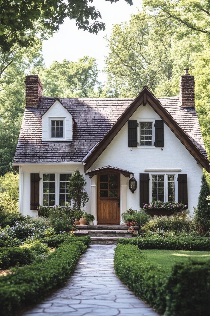 Quaint white cottage surrounded by lush greenery