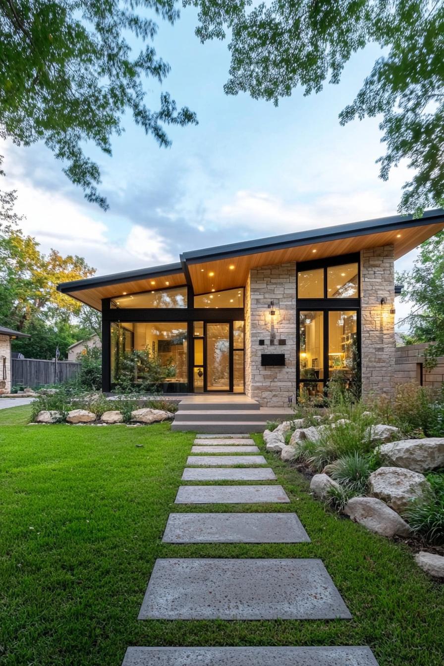 Modern ranch house with stone exterior and large windows