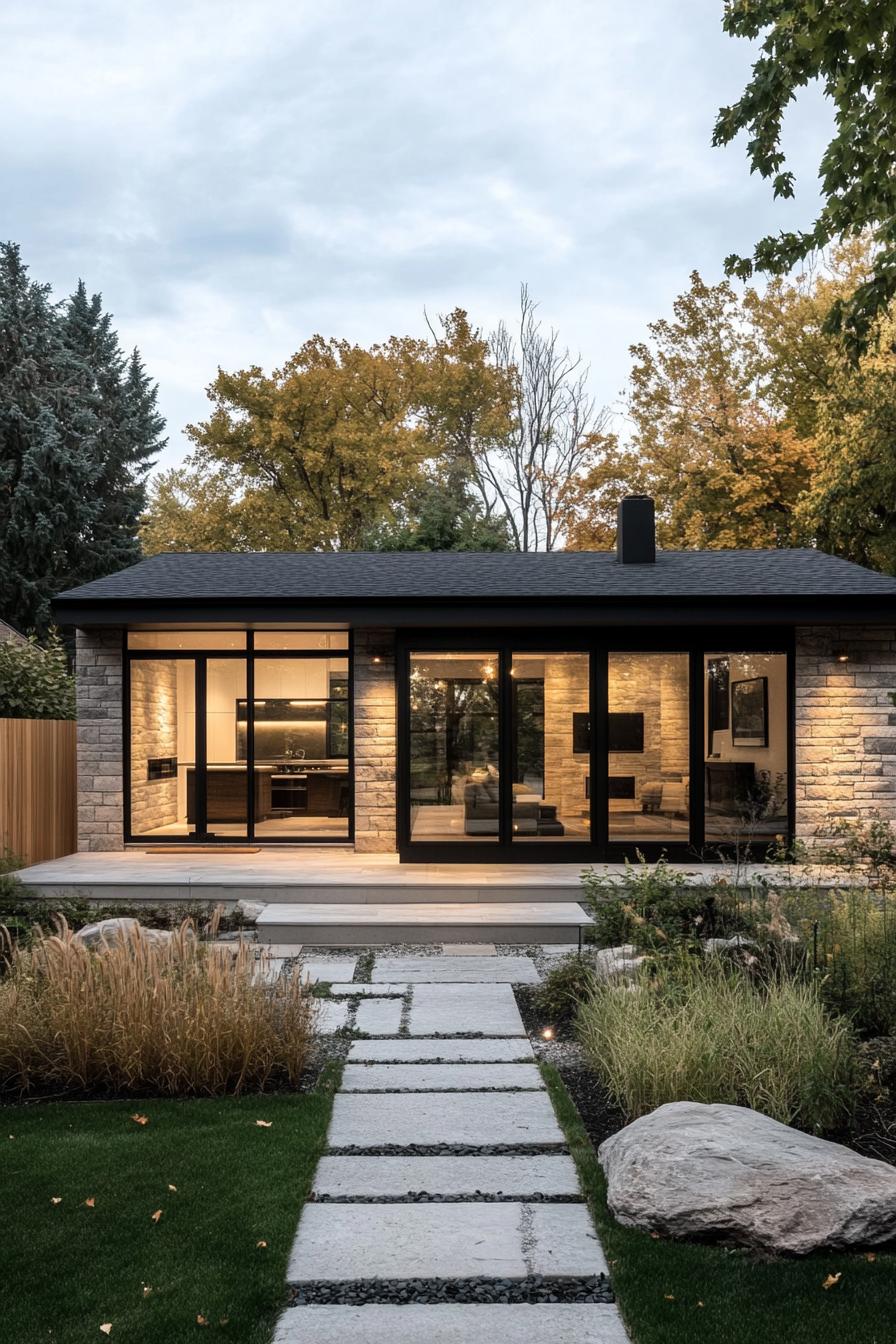 Modern ranch house with large glass doors and stone exterior