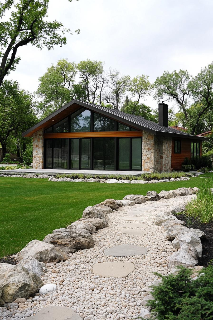 Modern ranch house with large glass windows surrounded by lush trees