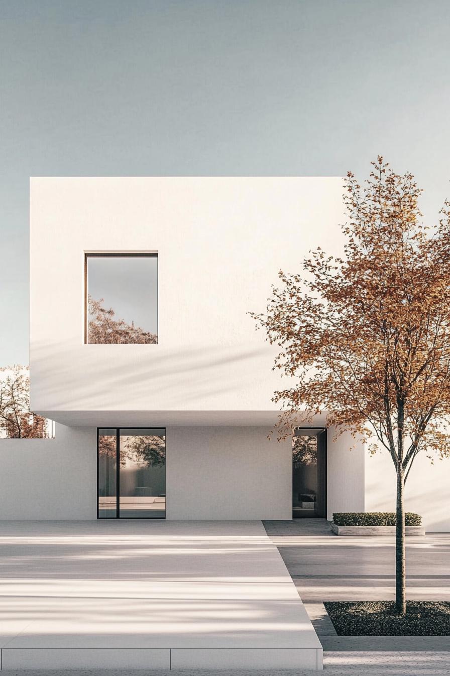 Minimalist white cube house with tree in foreground