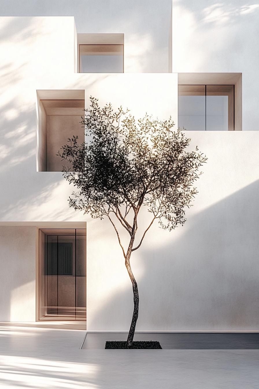 Minimalist architecture with a tree in front