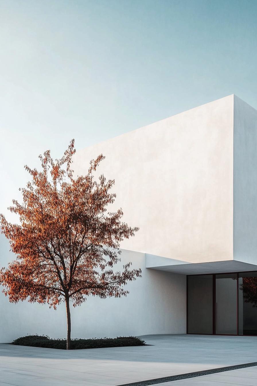 Modern white minimalist house with a small tree in the foreground