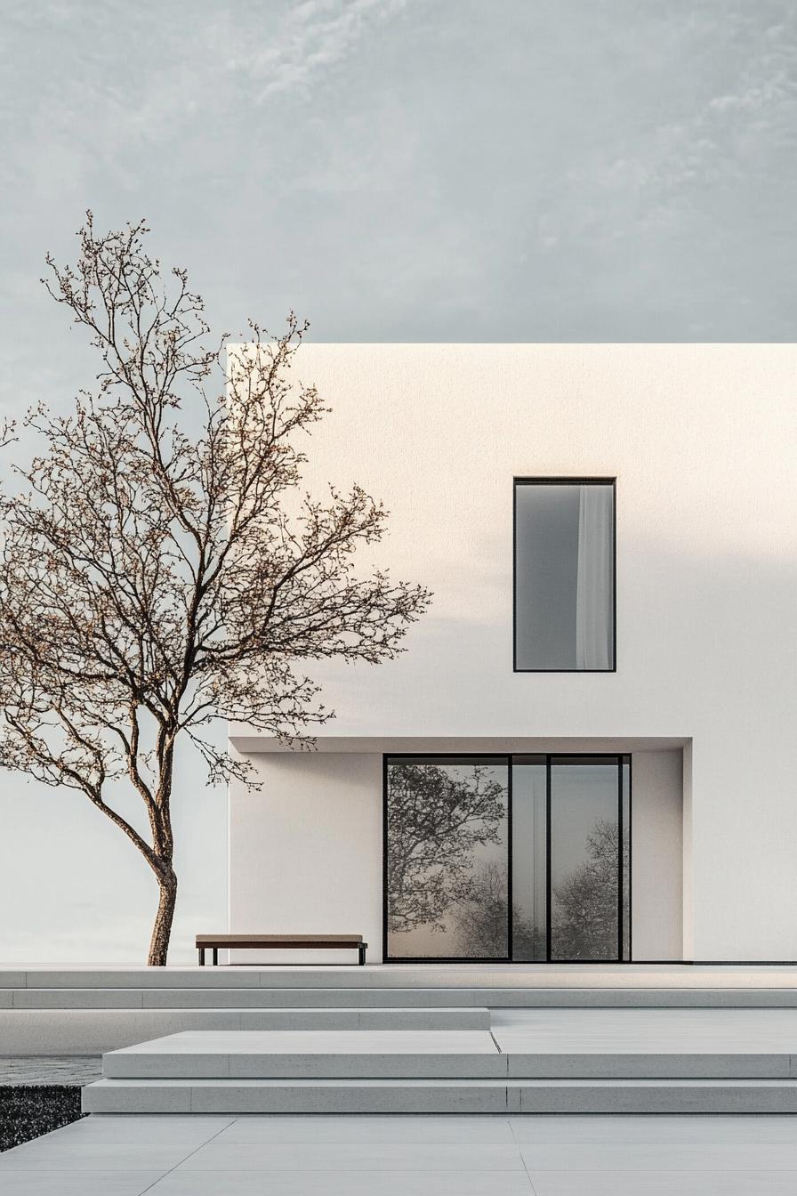 A modern Japanese minimalist house cubic white facade asymmetrical stacked boxes shape smooth plaster surface flat roofing large square windows