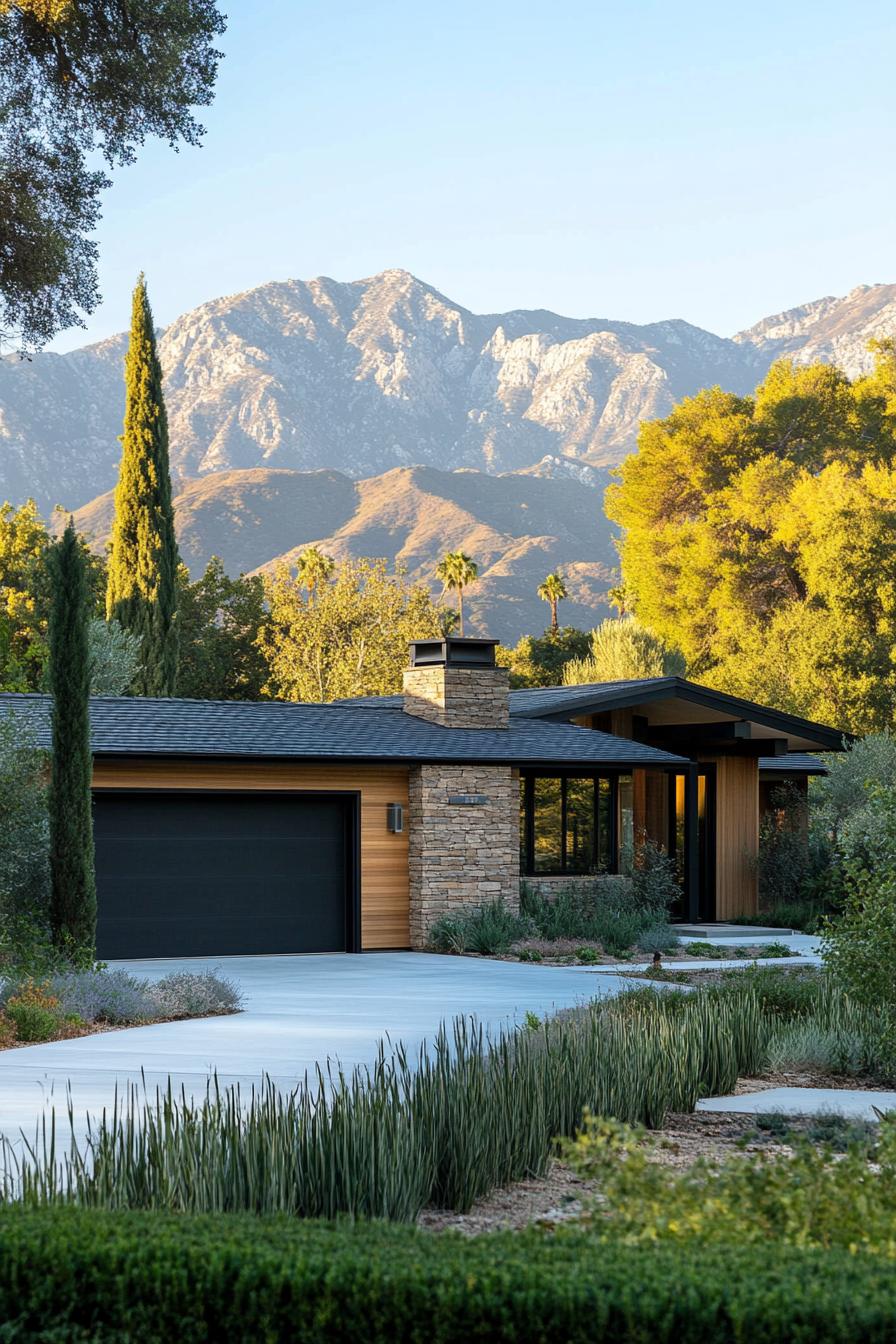 Modern craftsman house with stone and wood elements, set against mountains