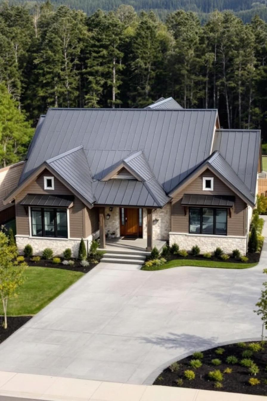 Modern craftsman house with gray roof and stone facade