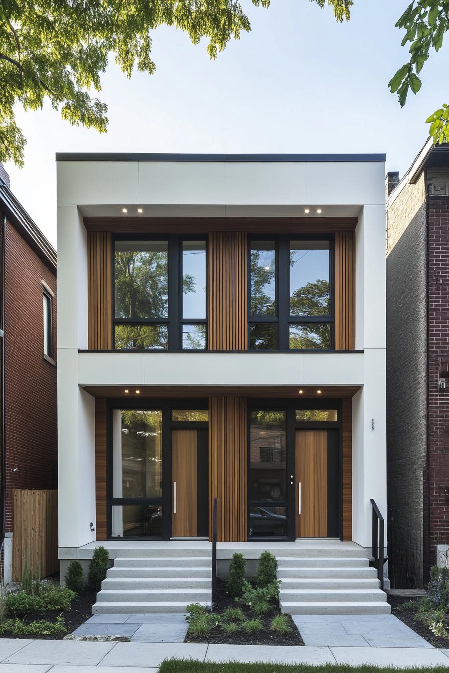 Modern duplex with wooden accents and glass windows