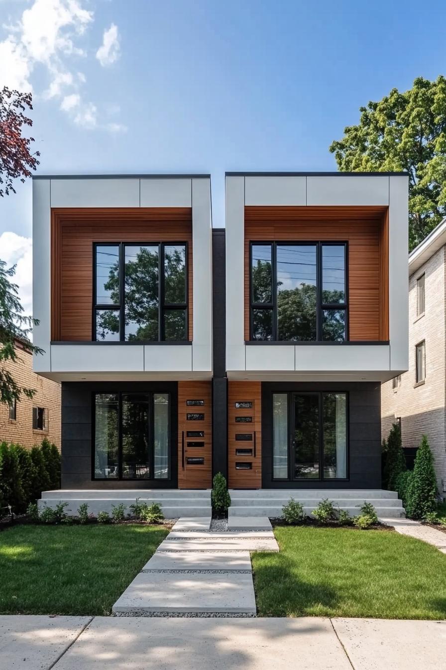 Modern duplex with wood and large windows