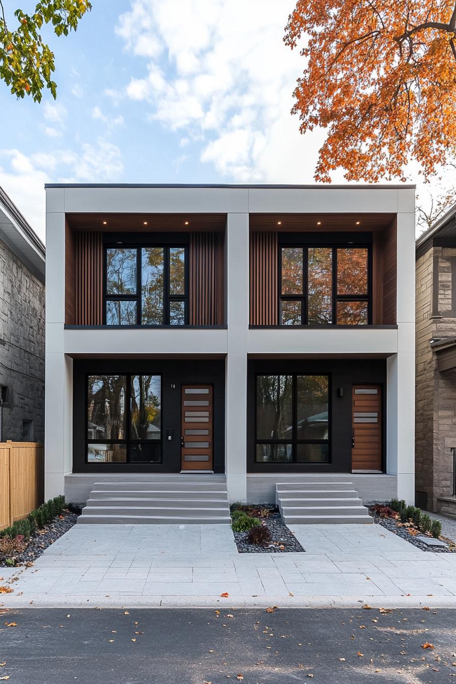 Modern duplex house with flat roof and large windows