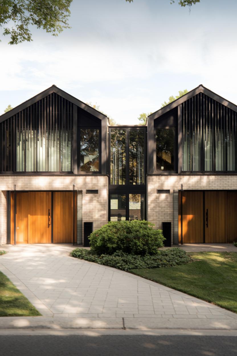 Modern duplex with symmetrical design and wooden doors