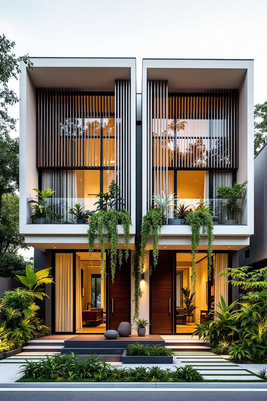 Modern duplex with vertical slats and lush greenery